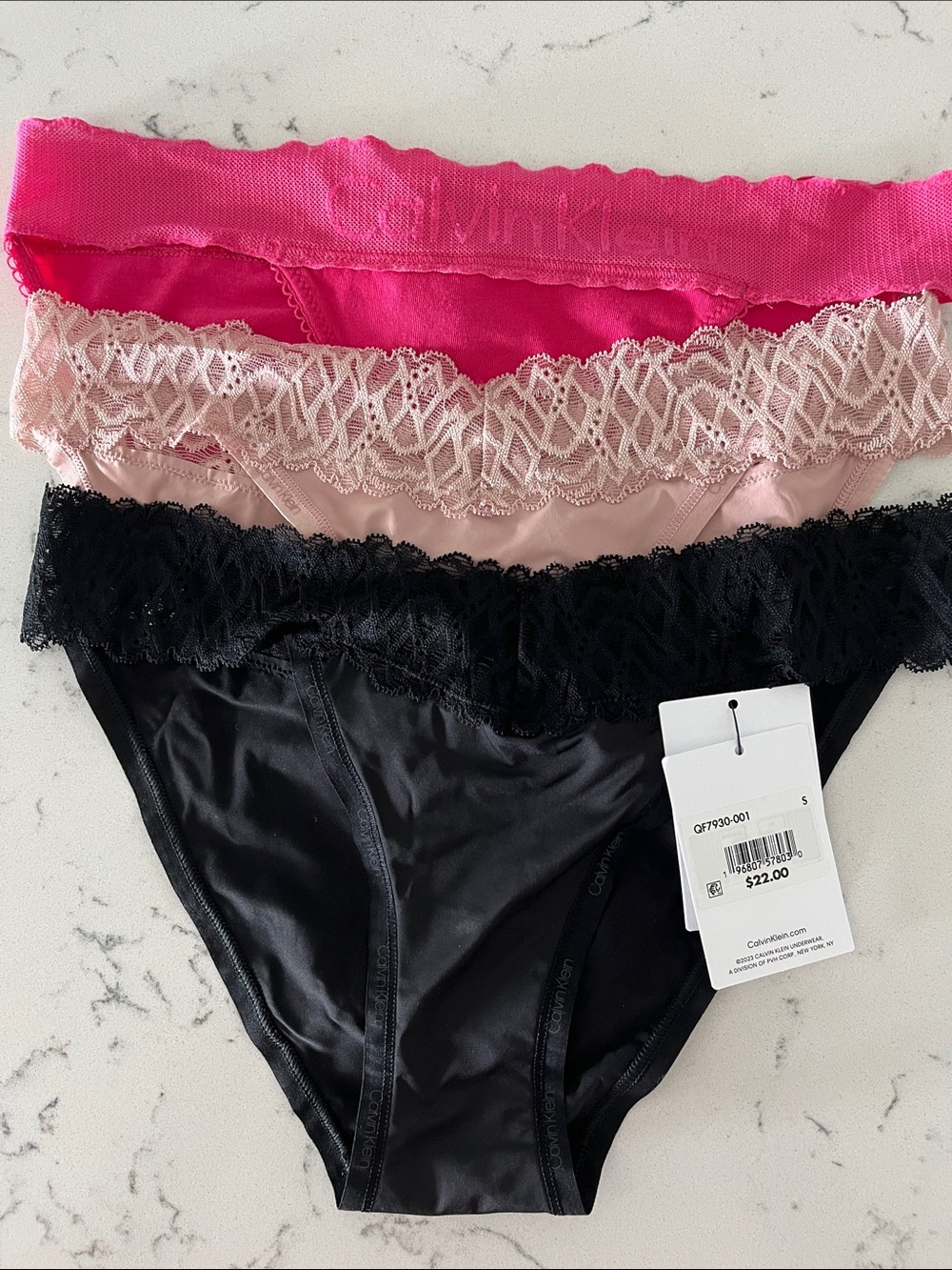 Calvin Klein Three-Pack Lace Trim Bikini Panties - Black, Blush, Hot Pink